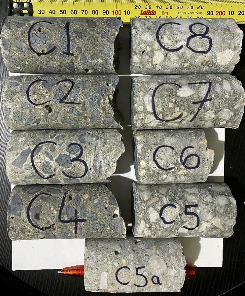 A photograph of concrete cores extracted from Lascelles Wharf, Geelong, Australia, for independent testing. 